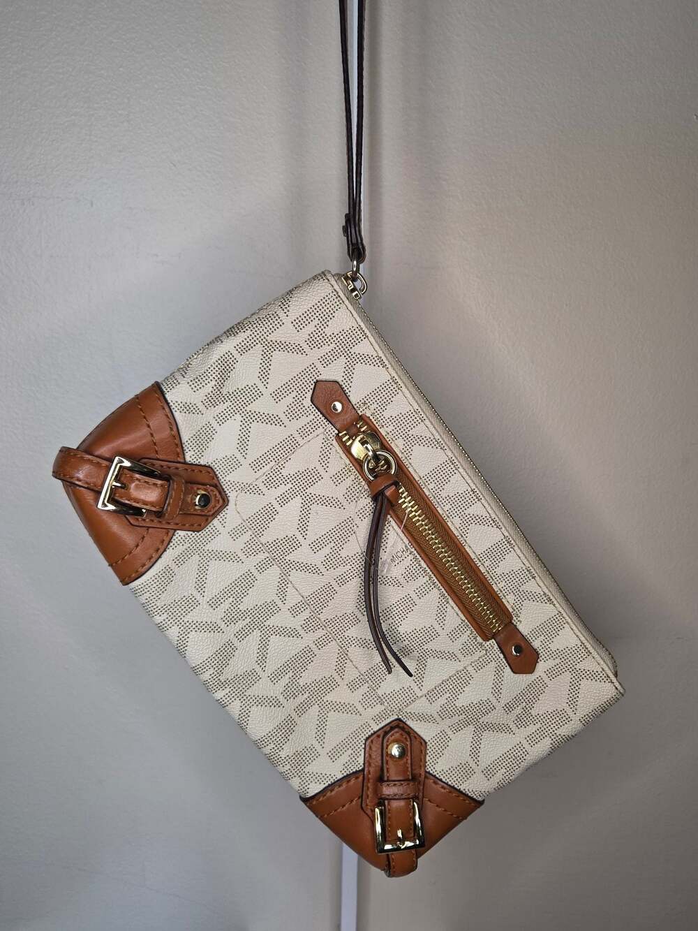 Michael Kors Fallon Vanilla Logo Brown Leather Clutch Wristlet